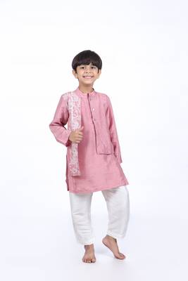 Onion pink thread work embroidery paneled kurta with off white pyjama 1