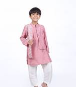 Onion pink thread work embroidery paneled kurta with off white pyjama