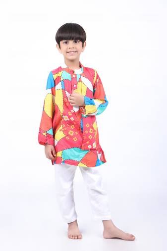 Multicolour abstract print panel kurta with white pyjama