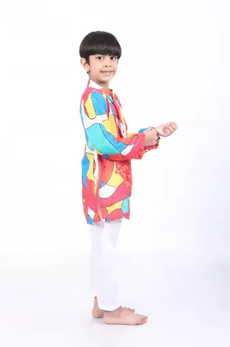 Multicolour abstract print panel kurta with white pyjama