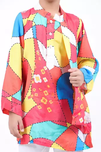 Multicolour abstract print panel kurta with white pyjama