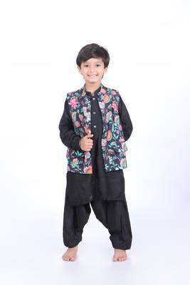 Black floral printed jacket with black kurta and black patiala 1
