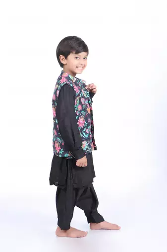 Black floral printed jacket with black kurta and black patiala