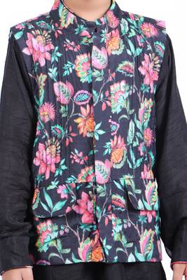 Black floral printed jacket with black kurta and black patiala 3