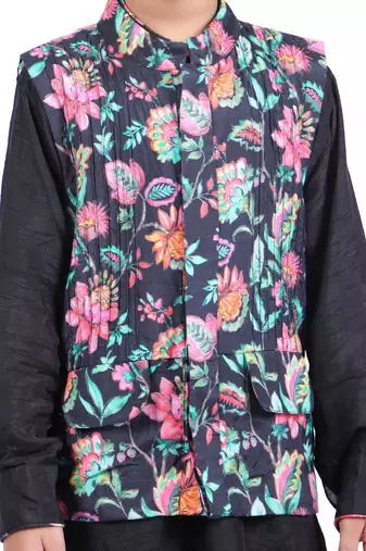 Black floral printed jacket with black kurta and black patiala