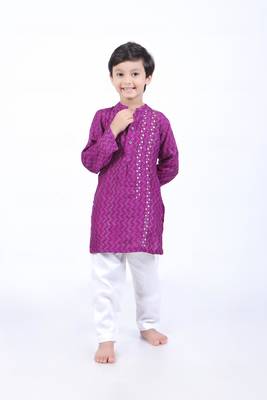 Purple and blue geometric printed kurta with white pyjama 1