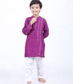 Purple and blue geometric printed kurta with white pyjama