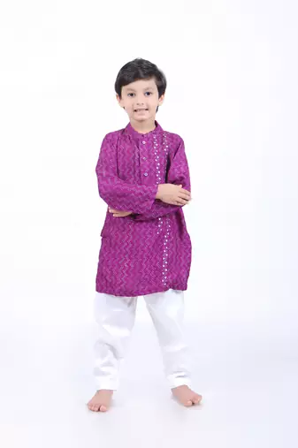 Purple and blue geometric printed kurta with white pyjama