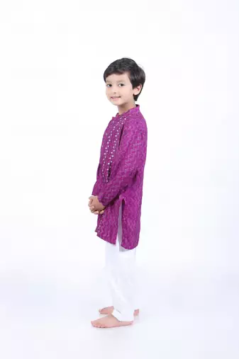 Purple and blue geometric printed kurta with white pyjama