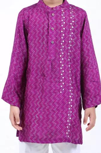 Purple and blue geometric printed kurta with white pyjama