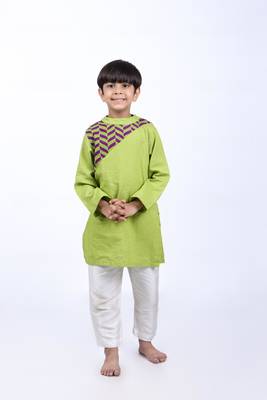 Green kurta with purple and green printed yolk with white pyjama 1
