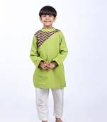 Green kurta with purple and green printed yolk with white pyjama
