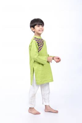 Green kurta with purple and green printed yolk with white pyjama 3