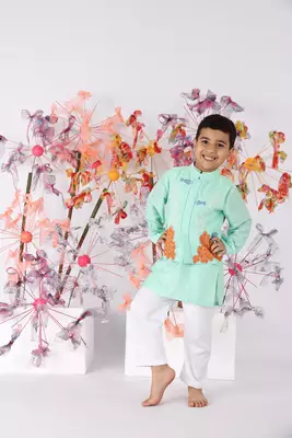 Aqua coral embroidered bandhgala with kurta and white pyjama 1