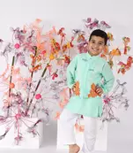 Aqua coral embroidered bandhgala with kurta and white pyjama