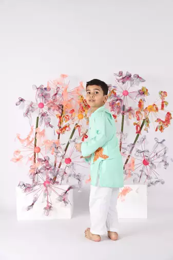 Aqua coral embroidered bandhgala with kurta and white pyjama