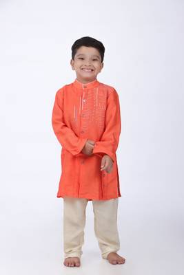 Orange kurta with abstract embroidery and off white pyjama 1