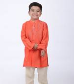 Orange kurta with abstract embroidery and off white pyjama