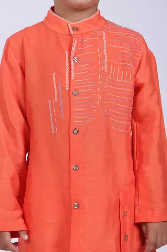 Orange kurta with abstract embroidery and off white pyjama