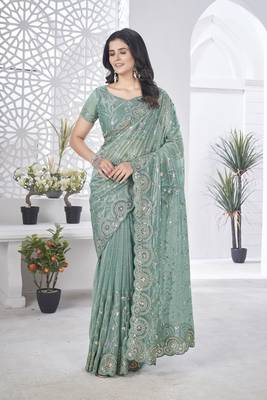 Grey tissue net c sequins work saree 1