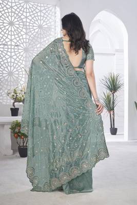 Grey tissue net c sequins work saree 3