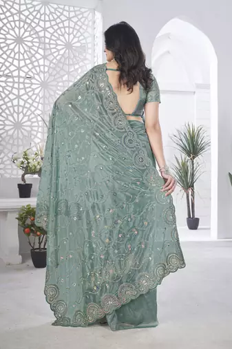 Grey tissue net c sequins work saree