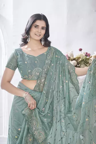 Grey tissue net c sequins work saree