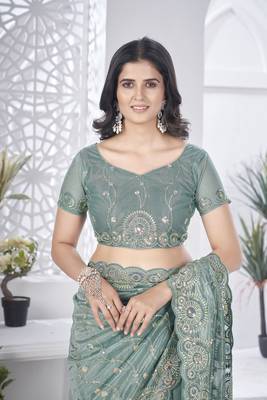 Grey tissue net c sequins work saree 5