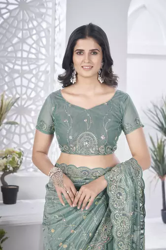 Grey tissue net c sequins work saree
