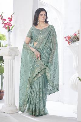 Grey tissue net c sequins work saree 6