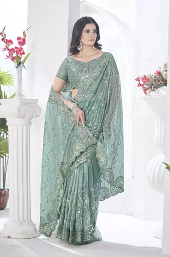 Grey tissue net c sequins work saree