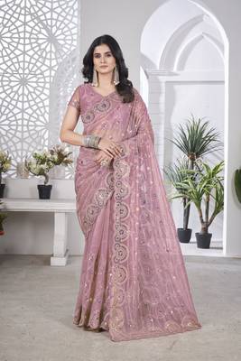 Pink tissue net c sequins work saree 1