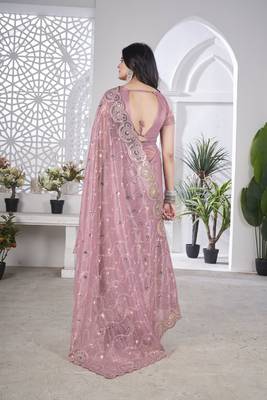 Pink tissue net c sequins work saree 3