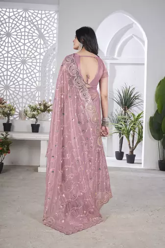 Pink tissue net c sequins work saree
