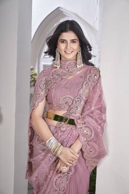 Pink tissue net c sequins work saree 4