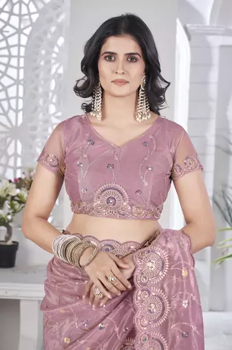 Pink tissue net c sequins work saree