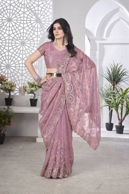 Pink tissue net c sequins work saree 6