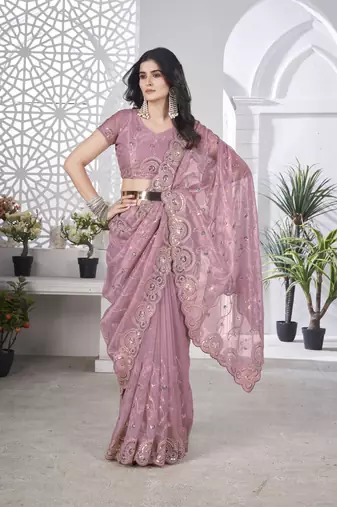 Pink tissue net c sequins work saree