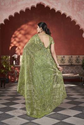 Green tissue net c sequins work saree 3