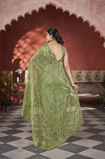 Green tissue net c sequins work saree