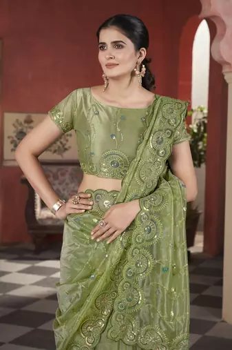 Green tissue net c sequins work saree