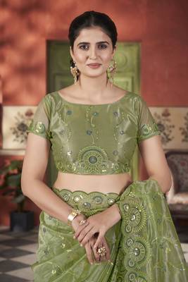 Green tissue net c sequins work saree 5