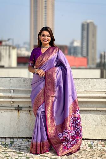 Purple jari tissue c wevon meenakari pallu designer heavy ethnic saree