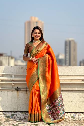 Orange jari tissue c wevon meenakari pallu designer heavy ethnic saree