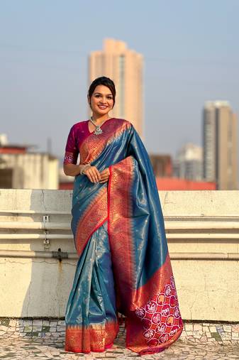 Blue jari tissue c wevon meenakari pallu designer heavy ethnic saree