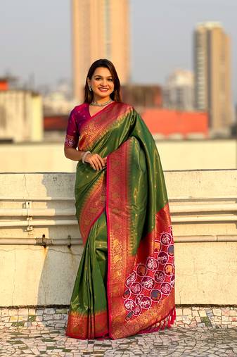 Green jari tissue c wevon meenakari pallu designer heavy ethnic saree