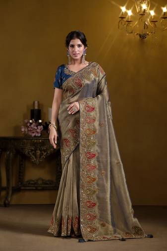 Teal blue rich indian heavy work wedding wear glamorous saree