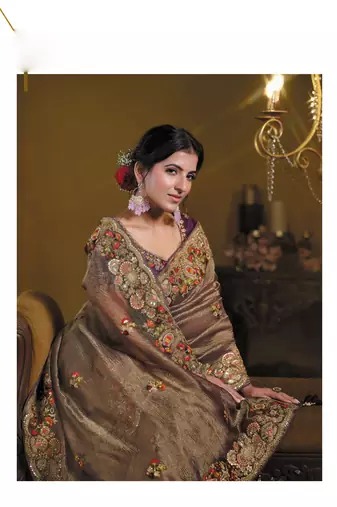 Wine rich indian heavy work wedding wear glamorous saree