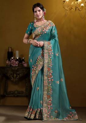 Teal blue rich indian heavy work wedding wear glamorous saree 1