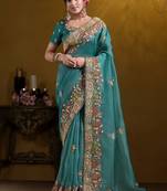 Teal blue rich indian heavy work wedding wear glamorous saree